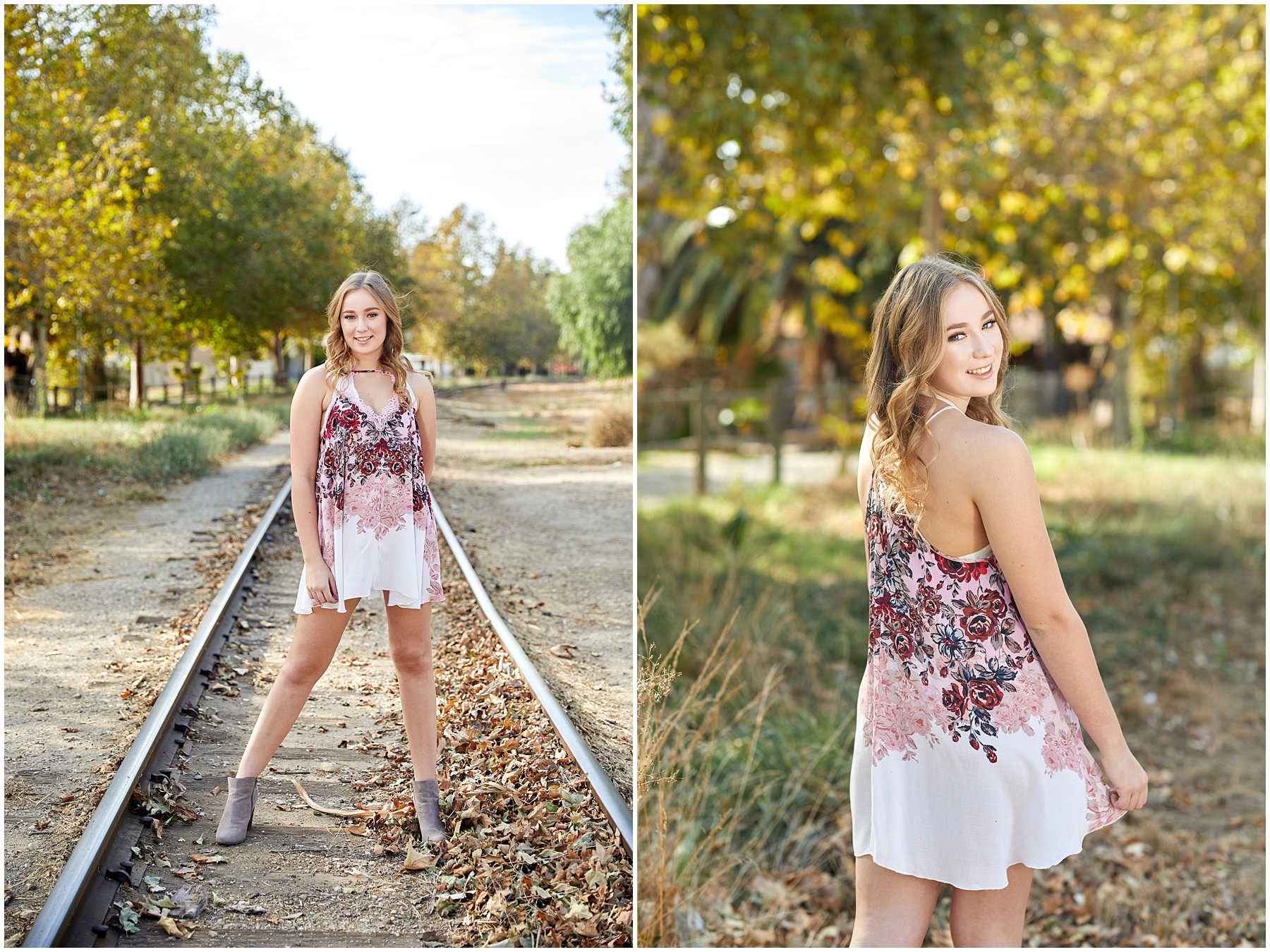 dress outfit on railroad tracks in southern california by tara rochelle ventura