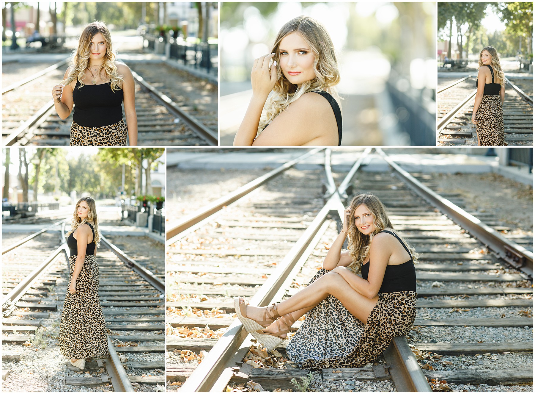 cheetah skirt black tank top senior picture outfit ideas by tara rochelle railroad tracks background
