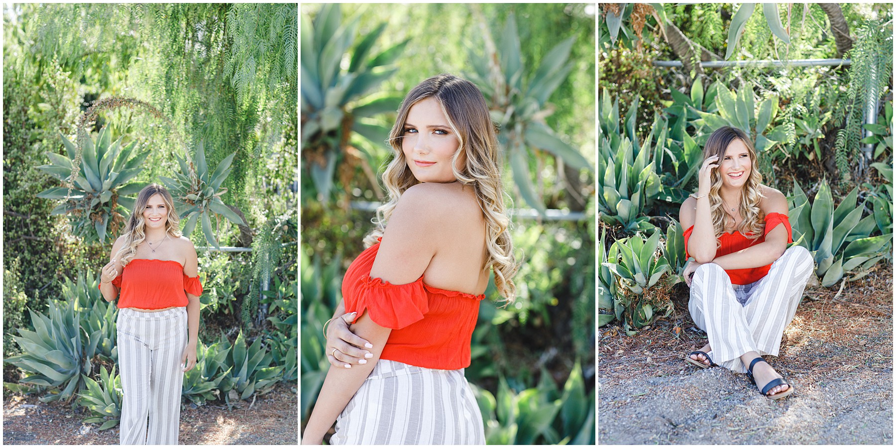 nature background filmore california senior portraits tara rochelle off the shoulder top stiped pants outfit