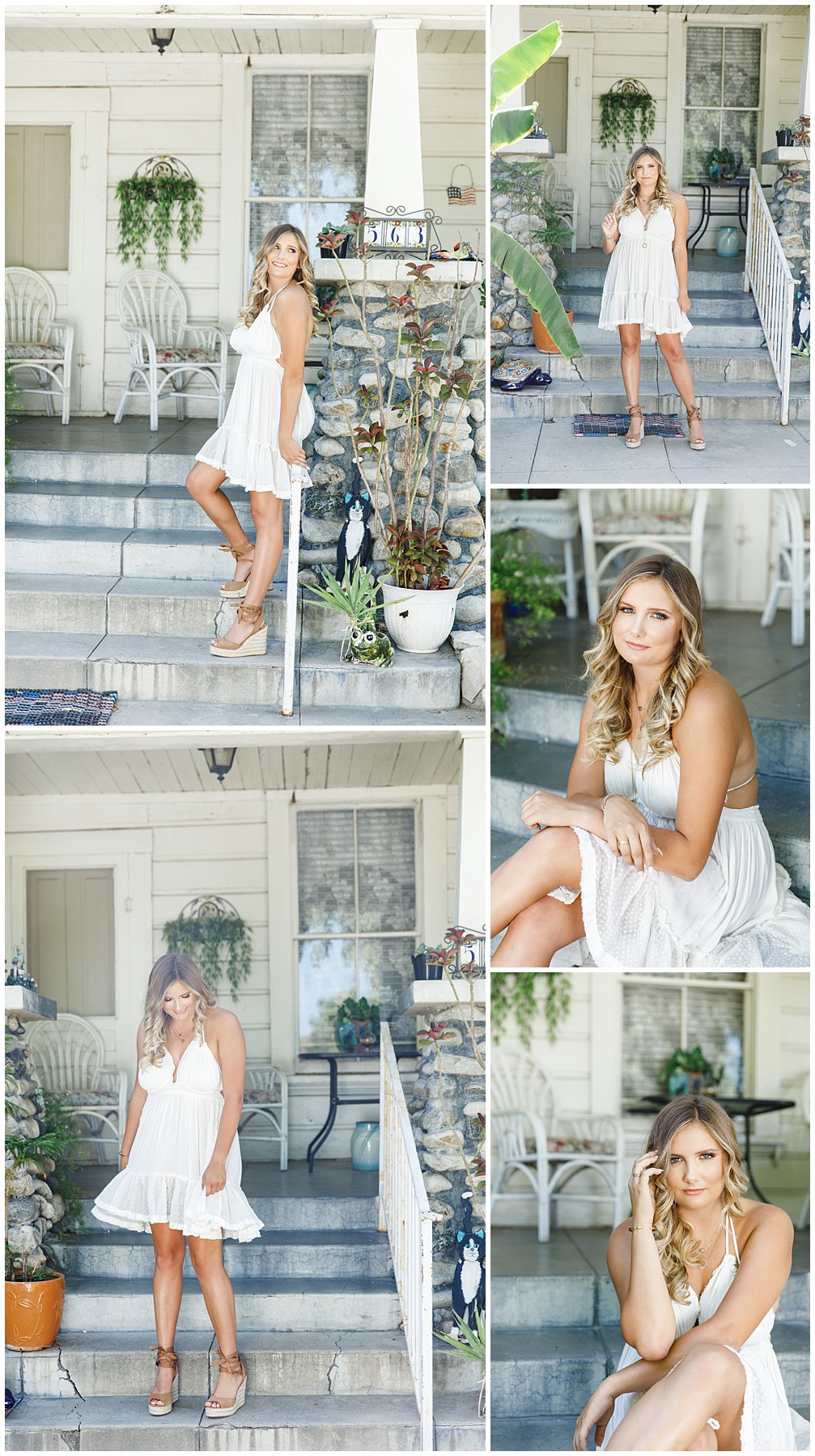 white dress tan wedges outfit for senior pictures house background tara rochelle filmore