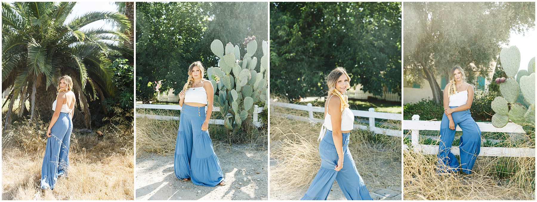 full length senior pictures by tara rochelle photographer white tank top blue flowy pants outfit