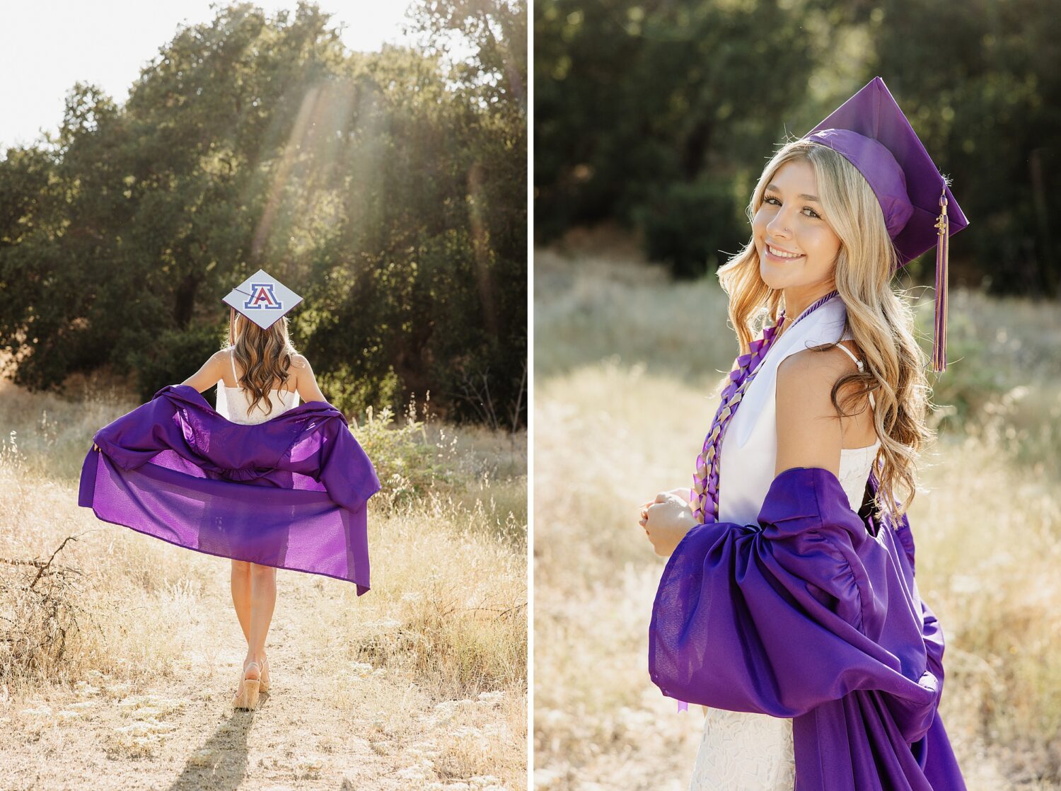 Senior girl wearing a purple cap and gown, standing in a sunlit field 