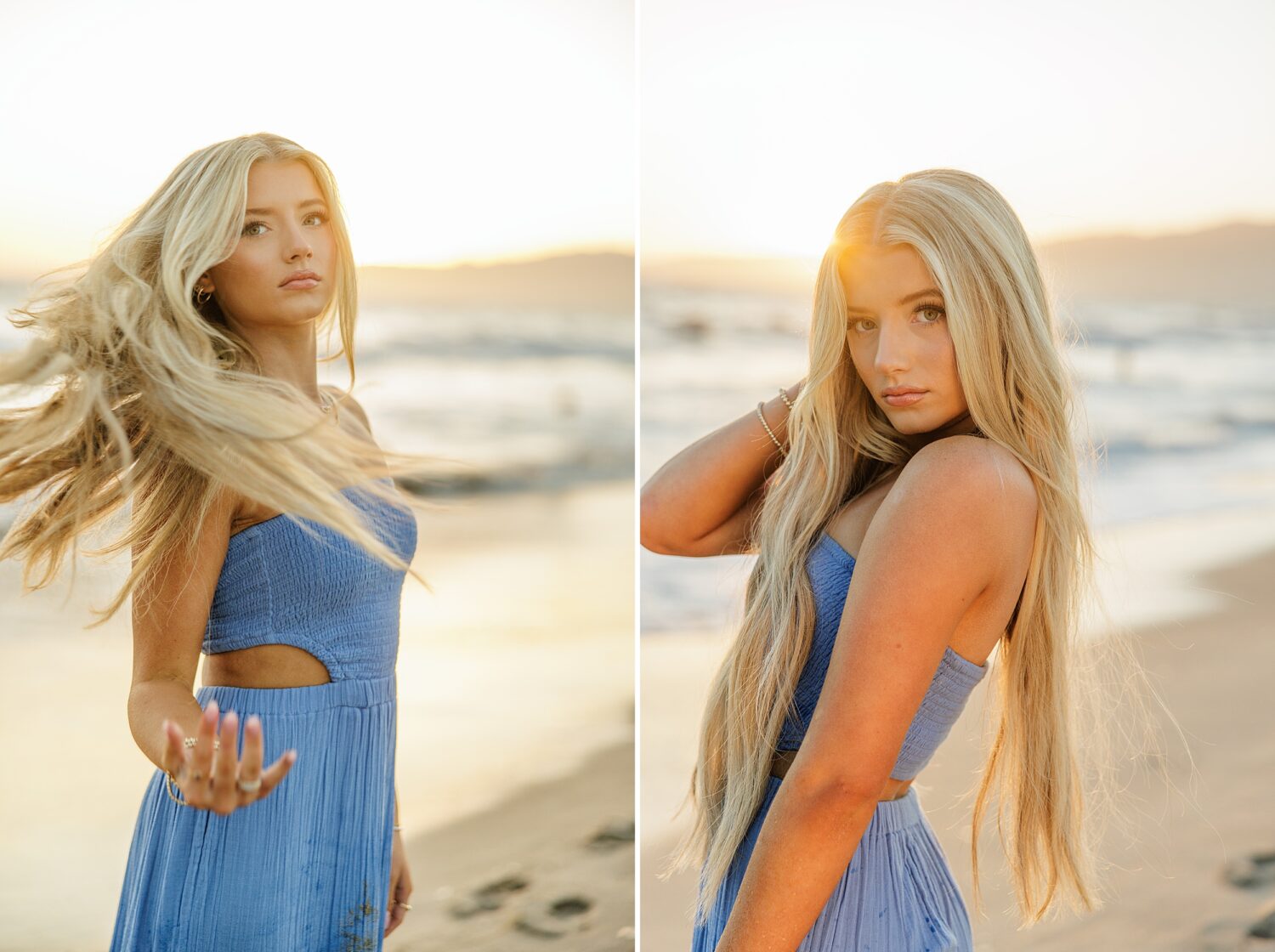 Senior girl in blue maxi dress walking along Santa Monica Beach at sunset.