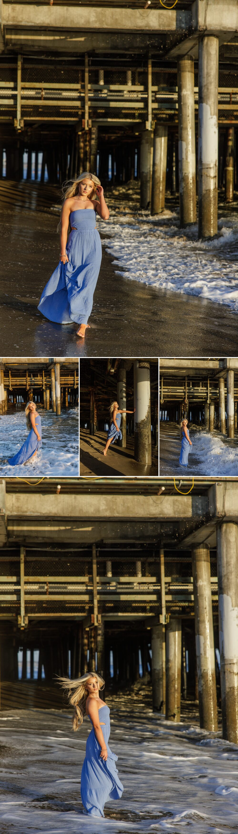 Senior girl in blue maxi dress walking along Santa Monica Beach at sunset.