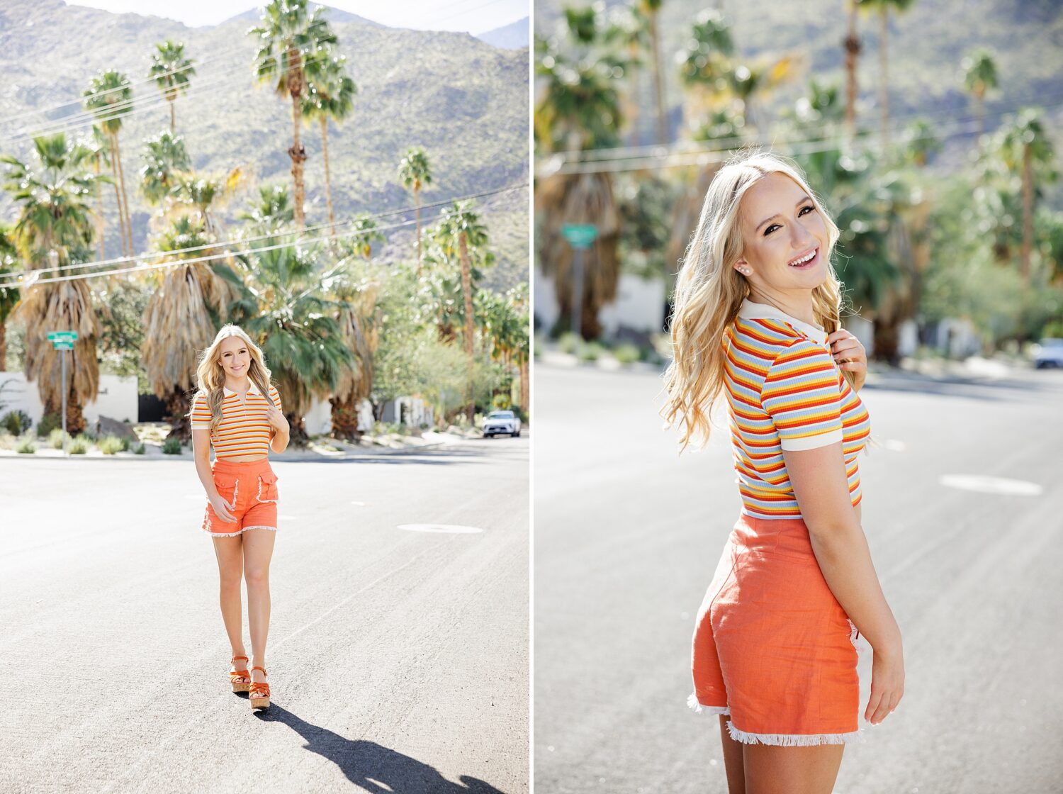 Creative senior portrait photography workshop in Southern California featuring teen model posing in a Palm Springs neighborhood