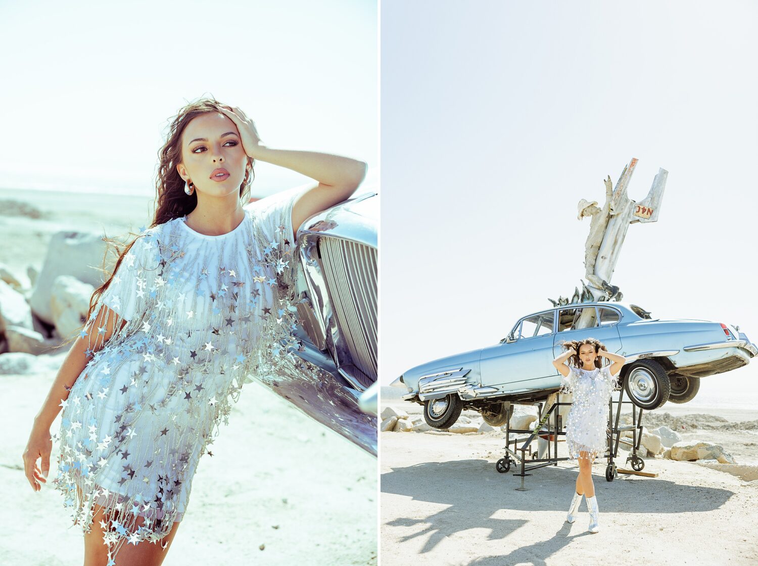 Editorial senior portrait taken at a funky desert artist community with colorful murals and eclectic art installations.