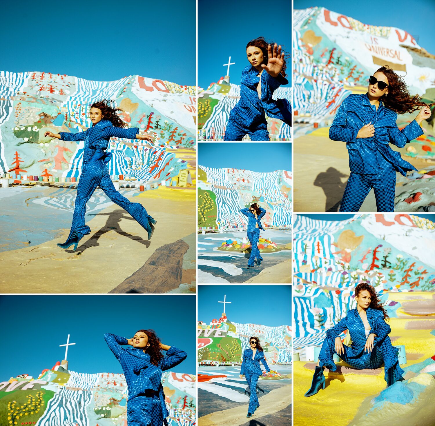 High-fashion senior portrait session at Salvation Mountain featuring teen model in bold blue suit during a Palm Springs photography shootout