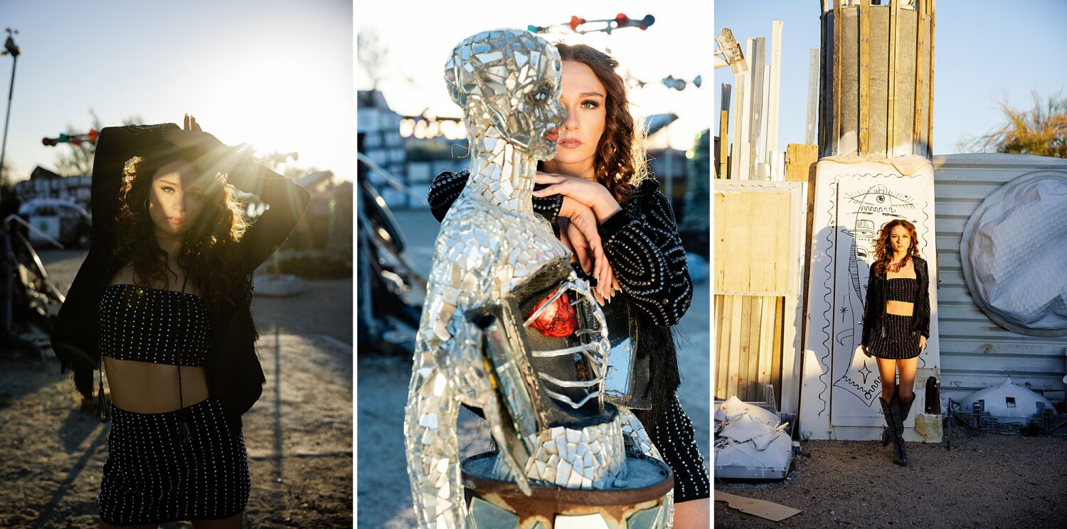 Moody editorial senior portrait in the California desert featuring brunette model in black rhinestone outfit during golden hour photography session