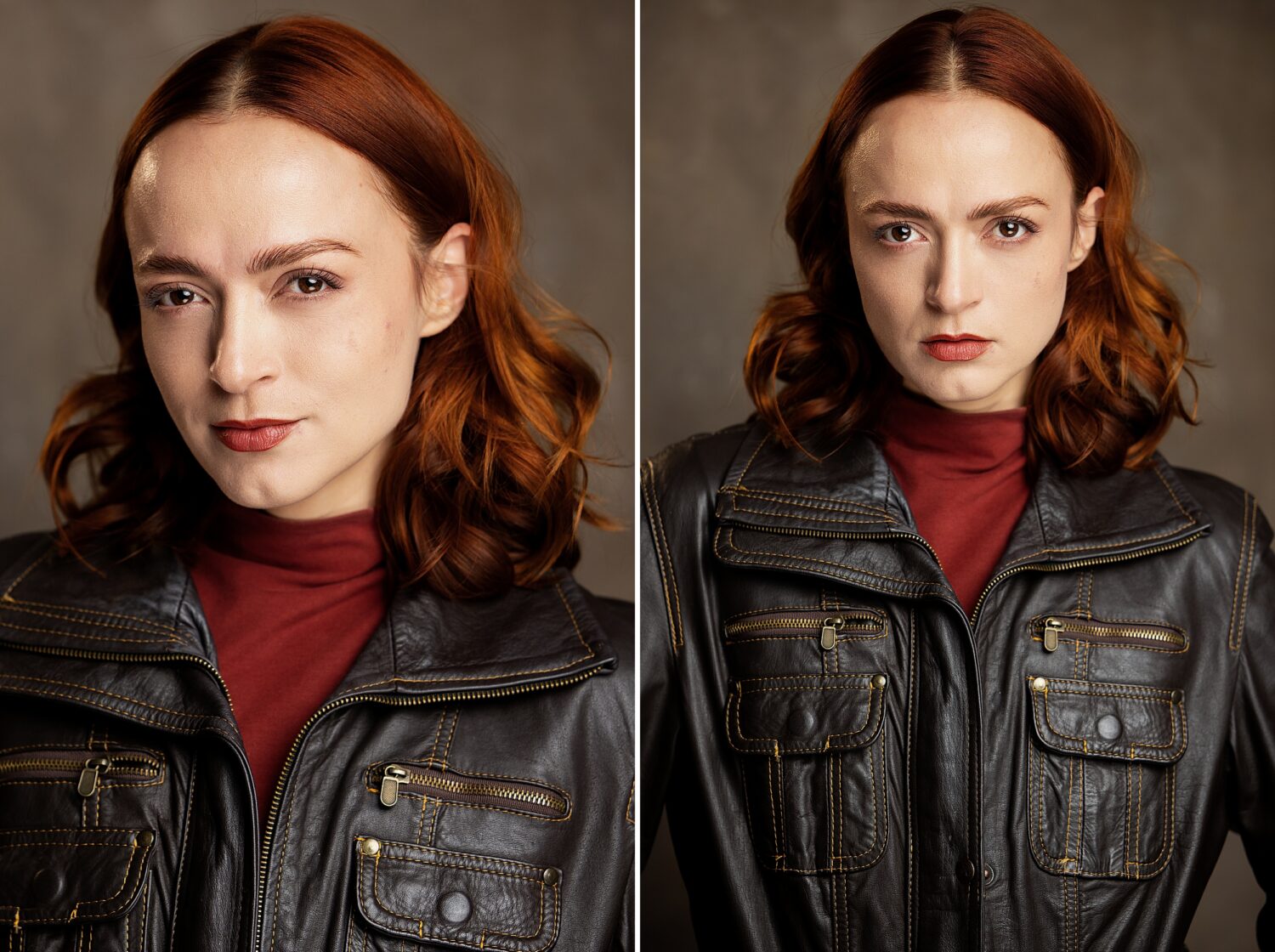 actor theatrical headshots leather jacket burgundy turtleneck los angeles studio
