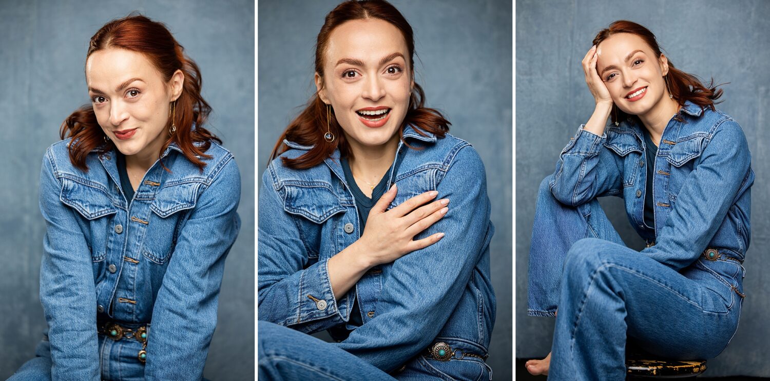 commercial headshots actress denim outfit blue hand painted backdrop los angeles
