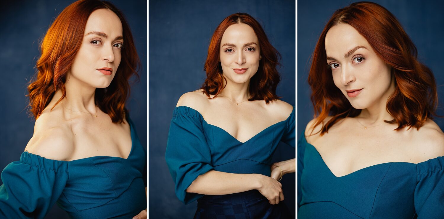 editorial headshots teal off shoulder top navy hand painted backdrop los angeles tara rochelle