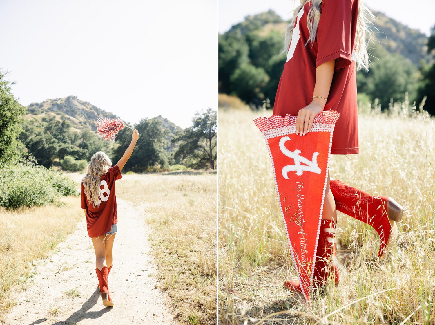 College announcement portrait of a Santa Clarita senior wearing an Alabama football jersey during a golden field photo session.