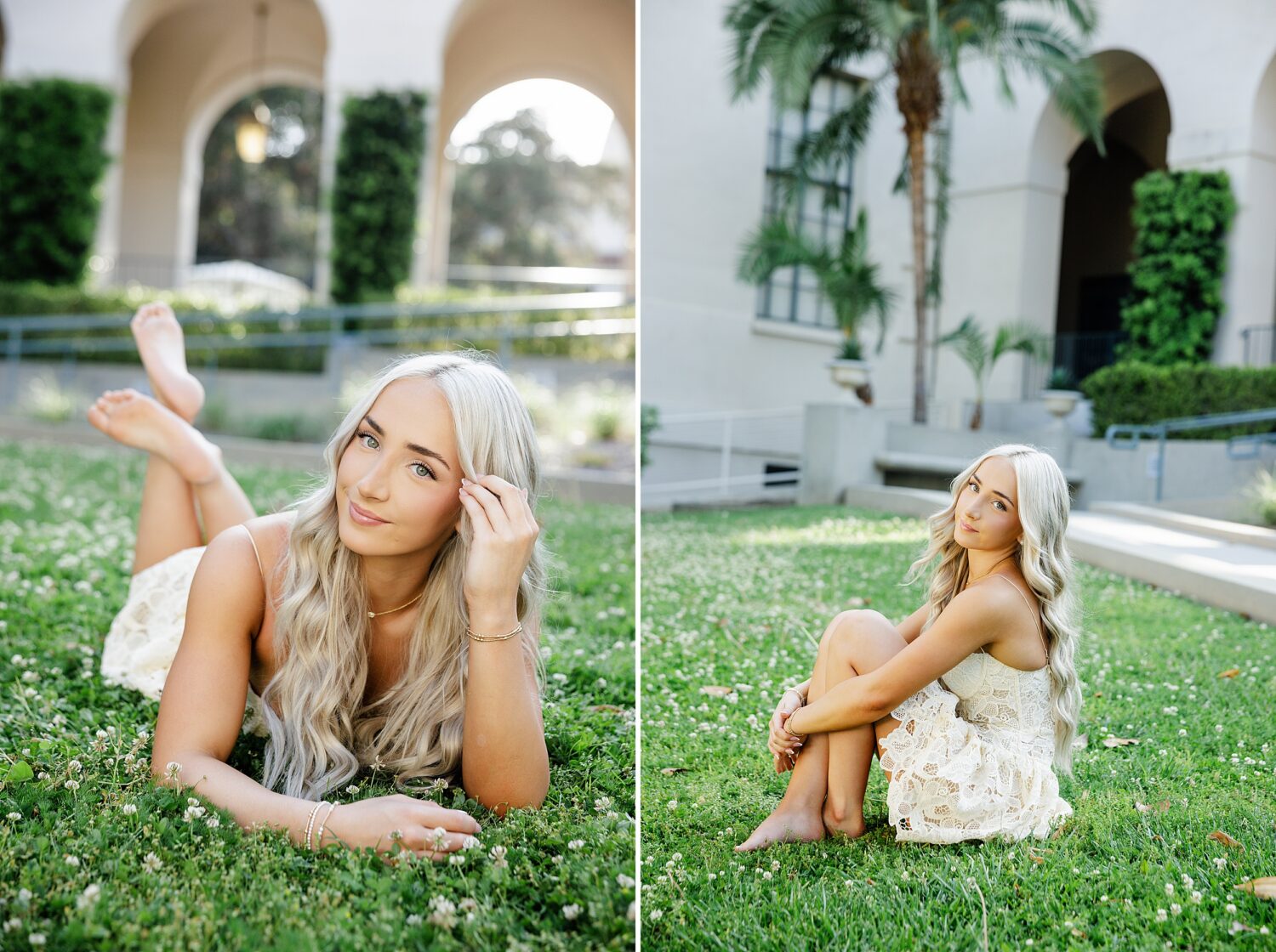 Relaxed outdoor senior portrait featuring a Class of 2026 graduate sitting on the lawn at Pasadena City Hall.