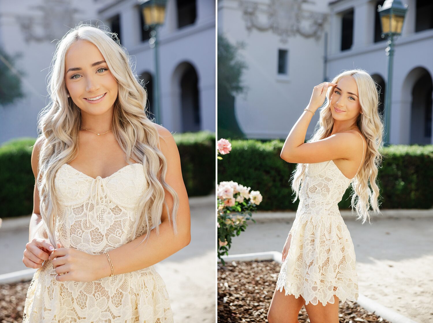 Senior portrait in front of Pasadena City Hall showcasing timeless architecture and a white lace graduation dress.