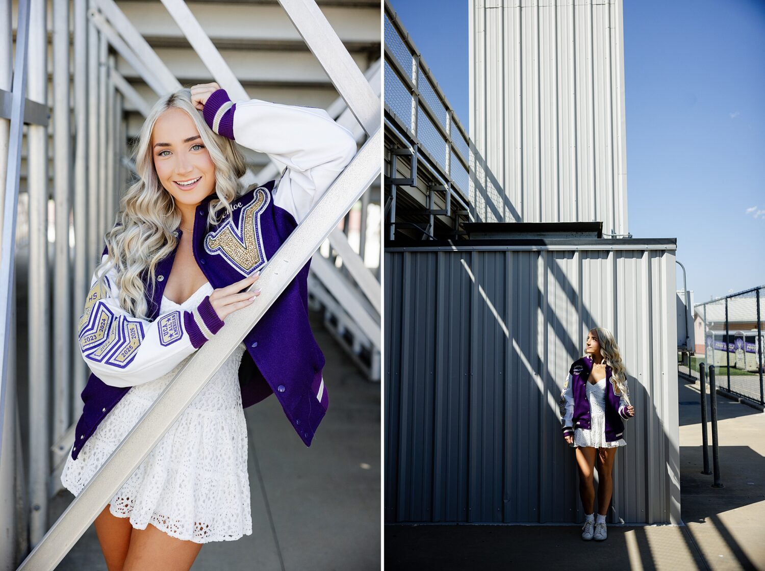 Valencia High School senior cheerleader wearing her varsity letterman jacket beneath the stadium bleachers in Santa Clarita.