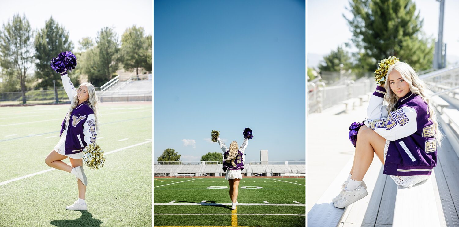 Valencia High School cheerleader celebrating on the football field during her Class of 2026 senior portrait session.