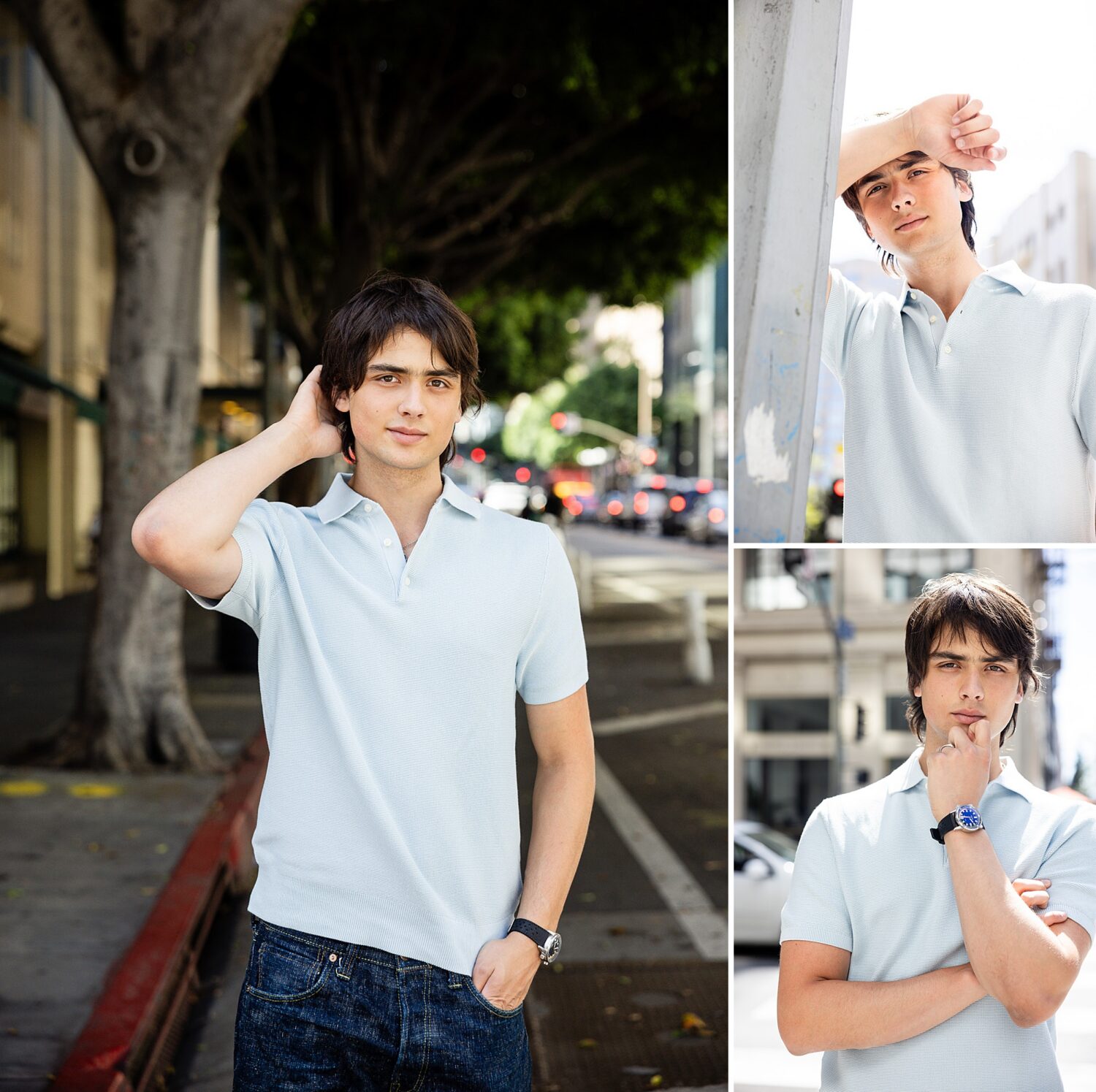 Los Angeles guys senior pictures of a senior guy on a tree-lined downtown sidewalk and leaning against a street pole