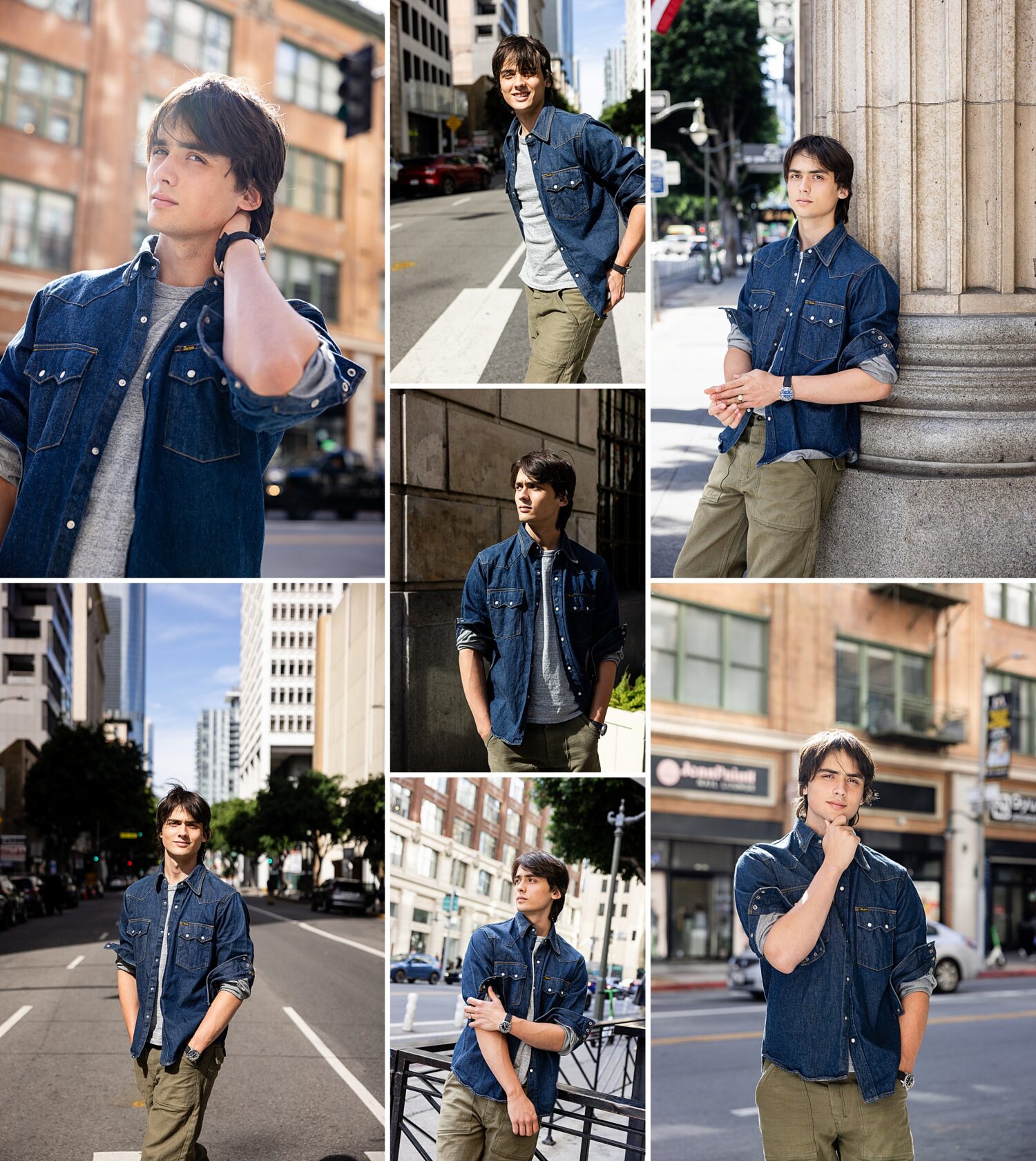 Southern California guys senior pictures of a senior guy in a denim shirt posing around downtown Los Angeles streets