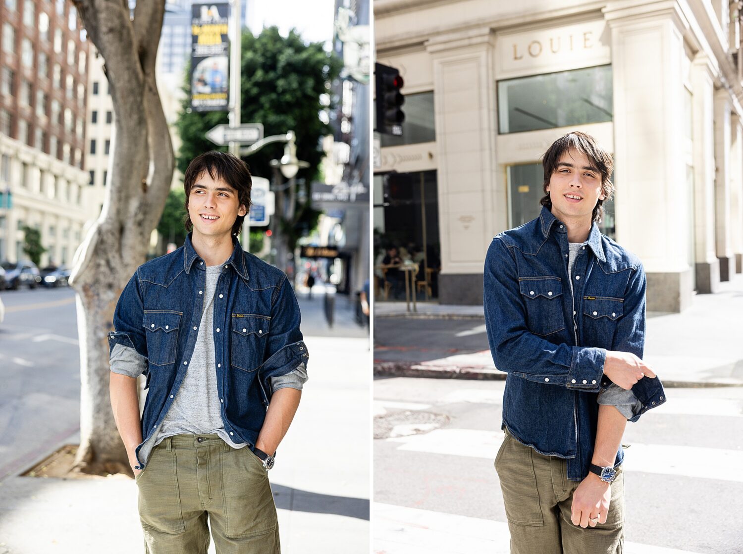 Los Angeles guys senior pictures of a senior guy in a denim shirt and olive pants smiling on a downtown sidewalk