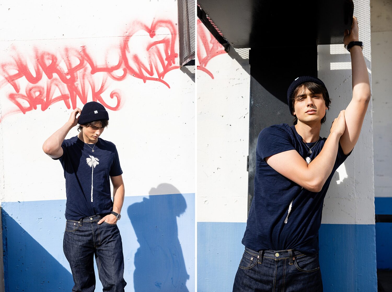Southern California guys senior pictures of a senior guy in a navy tee and beanie playing on a rooftop parking structure
