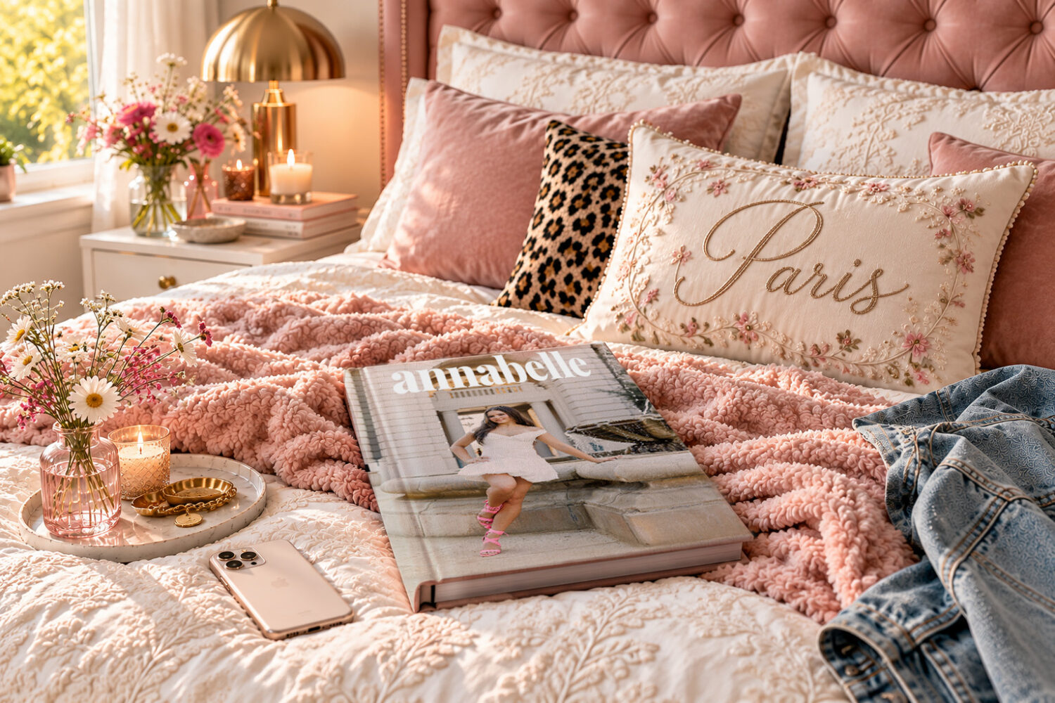 editorial senior album with wraparound cover on a bed